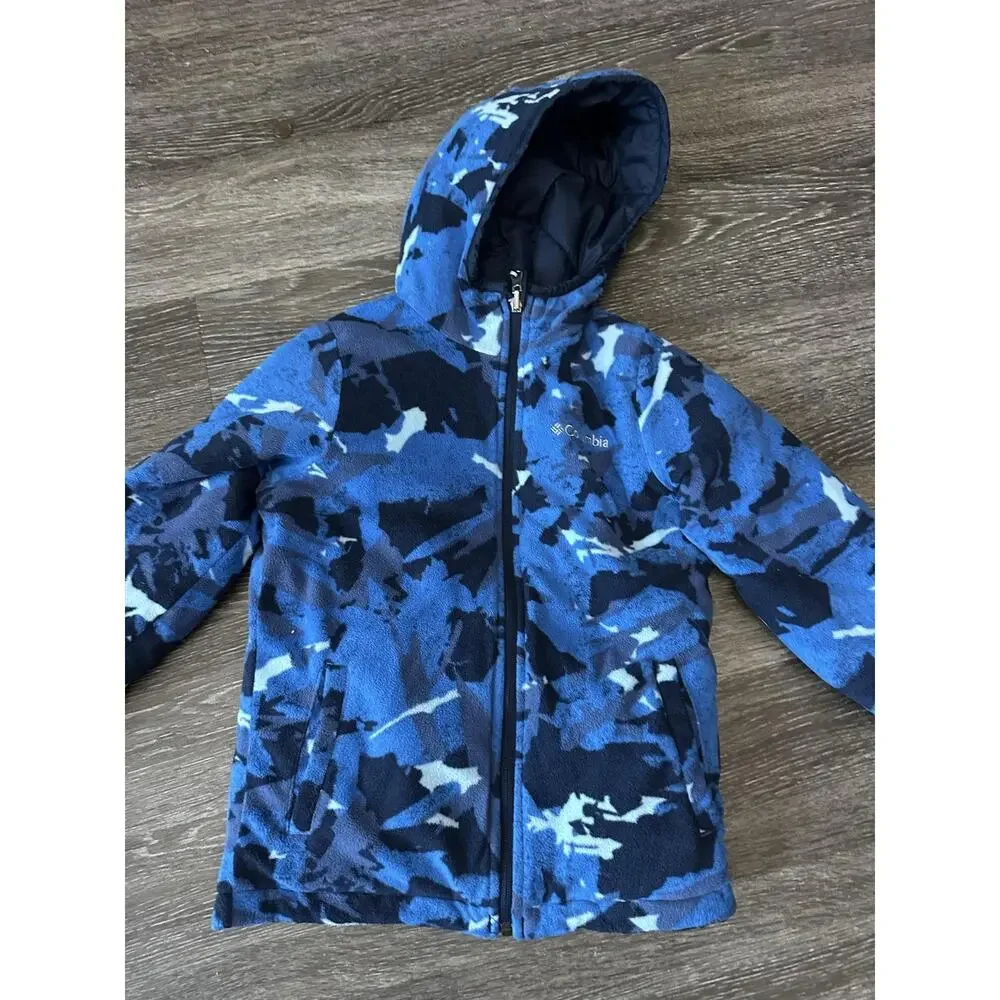 Columbia Reversible Jacket Boys 8 Blue Camo Hooded Fleece Lined Puffer Winter